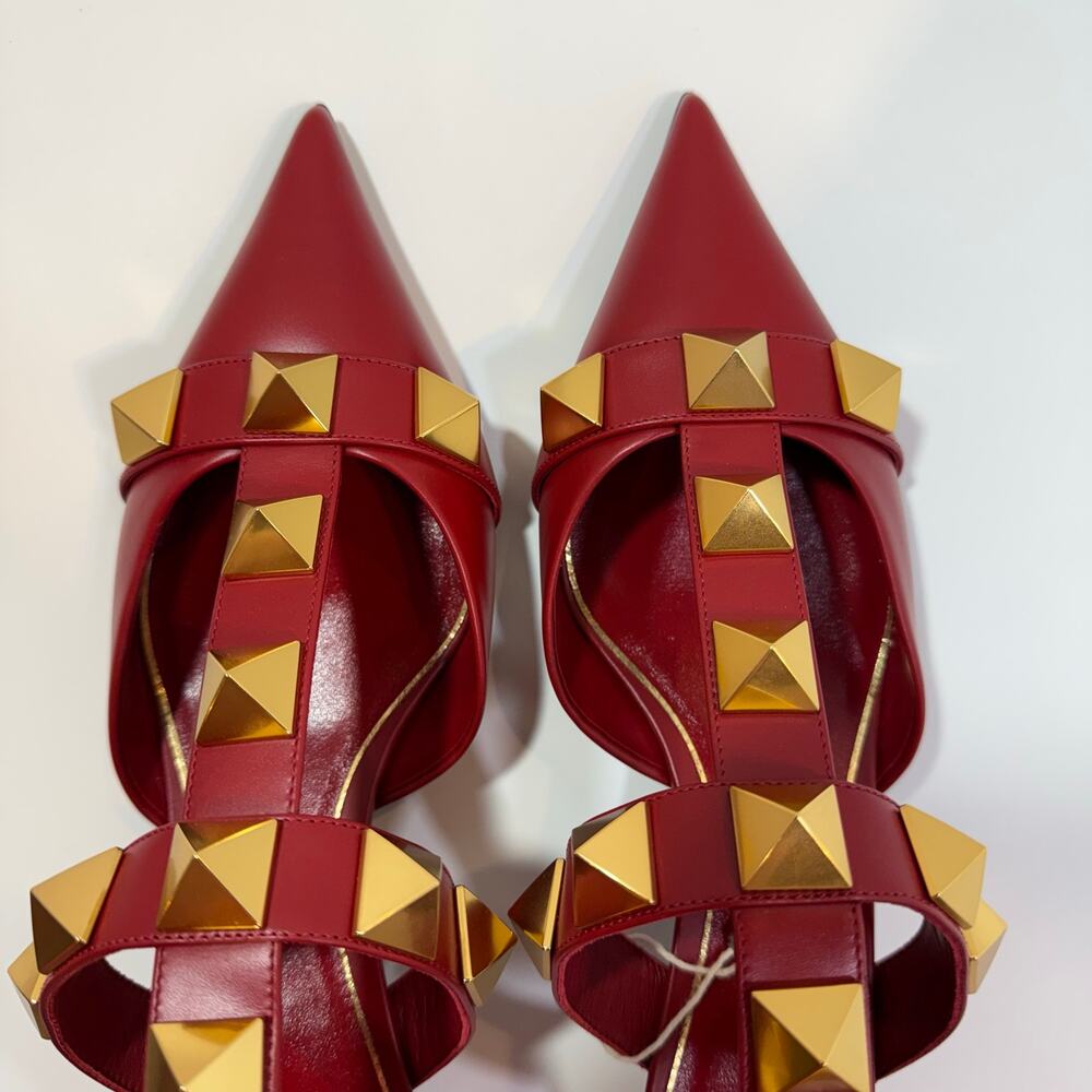 Valentino Garavani Roman Stud Red Pointed Toe Kitten Heel Cage Sandal 8.5 NIB - Picture 6 of 9